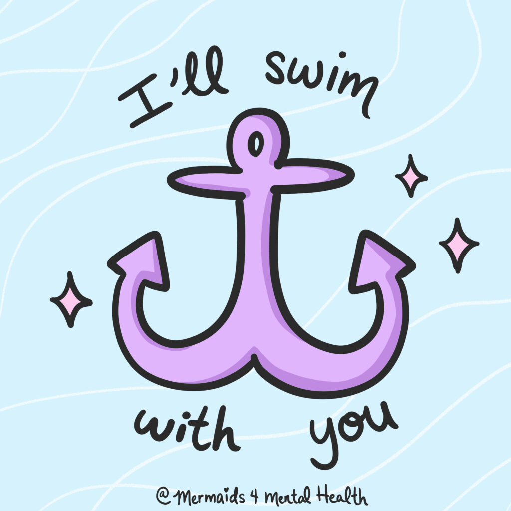 illustration of an anchor with the words "I'll swim with you" surrounding it and an ocean background